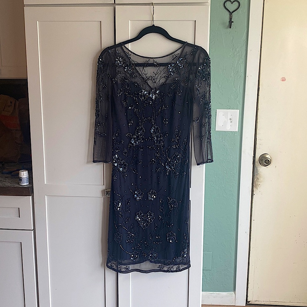 Elegant embroidered beaded evening dress in dark grey/blue. Size 8/10 by Patra
